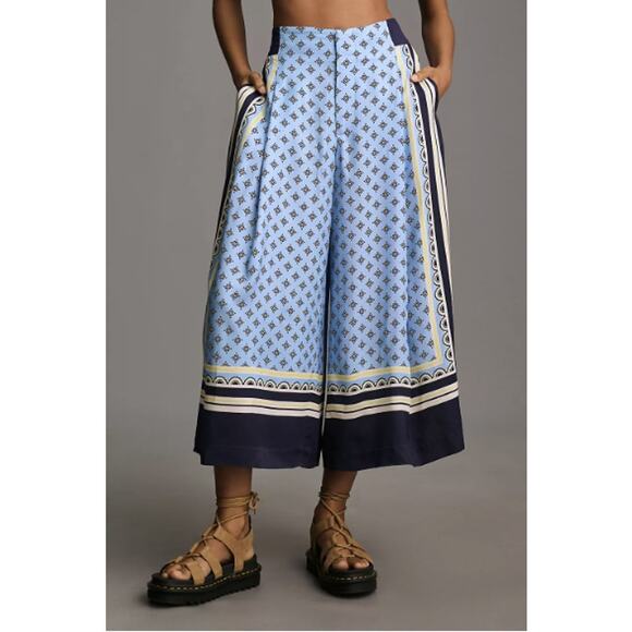 Maeve Pants - Maeve by Anthropologie A-Line Pleated Printed Culottes Size XL Blue Summer Ready